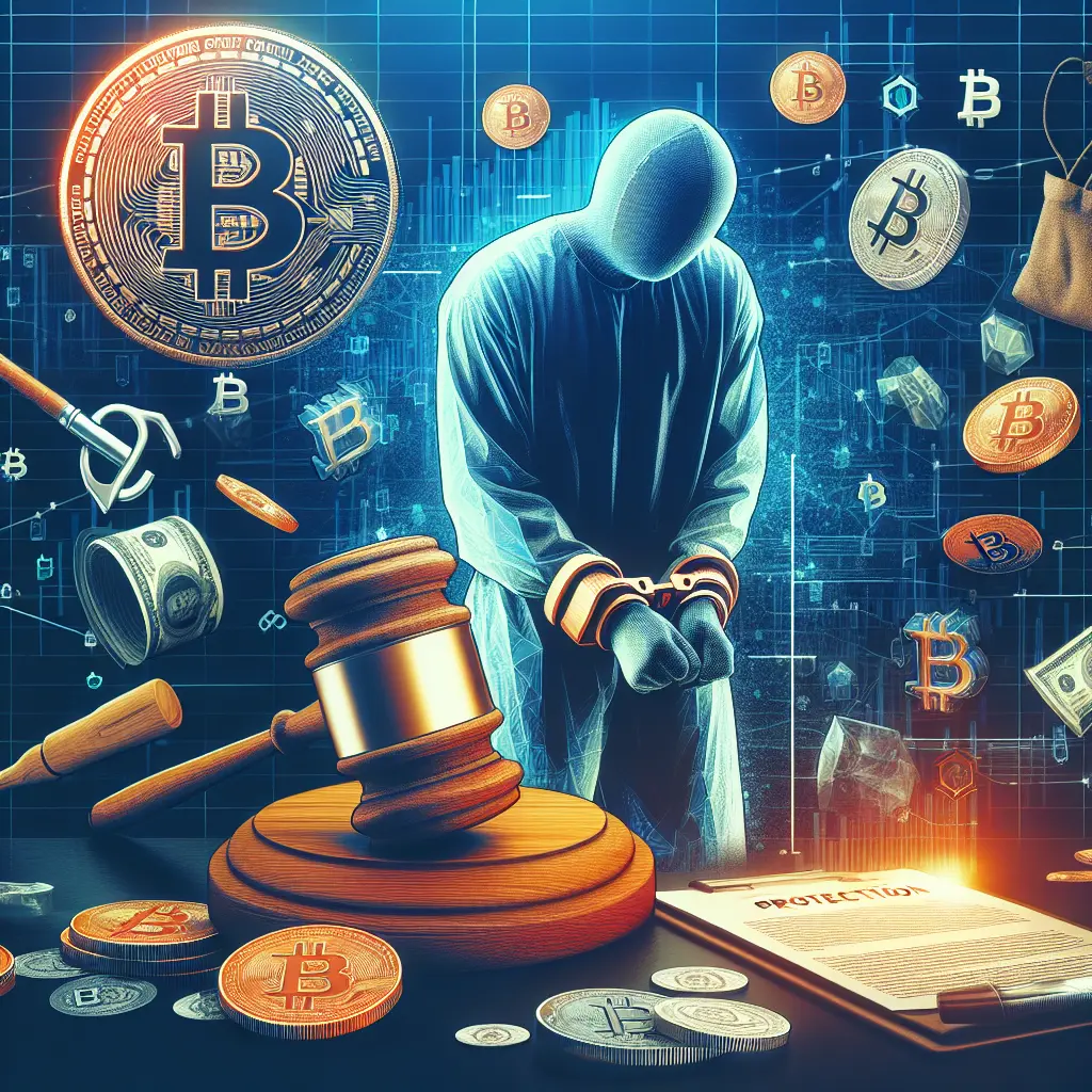 Illustration of Singapore's strict measures against cryptocurrency fraud, showing symbols of justice, Singaporean landmarks, and cryptocurrency icons.
